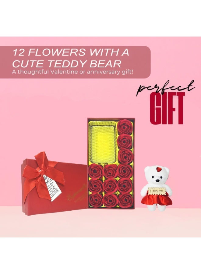 المنزل الذكي هوم سمارت: وردة صناعية ودب تيدي - 12 وردة ودب تيدي مع علبة هدايا جميلة للزوجة، والصديقة، والأم، والأخوات في أعياد الميلاد، وعيد الحب، والذكرى السنوية، والعيد، أو المناسبات الخاصة. - Image 4